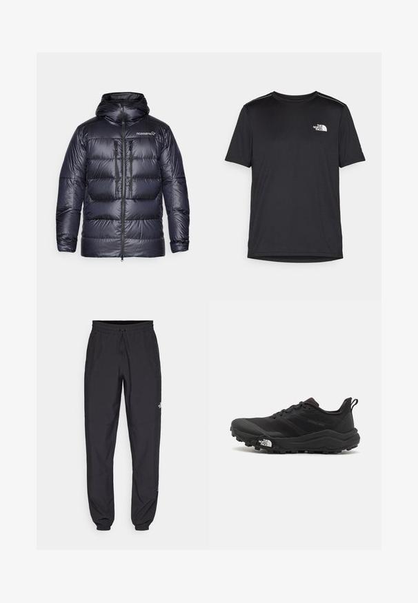 Puffy dark navy down jacket with a hood, zip front, two chest pockets, and signature logo on the upper left side. Smooth, shiny texture.; Black short-sleeve T-shirt made from lightweight fabric. Features a small white logo on the left chest and subtle shoulder accents.; Black athletic pants made from lightweight fabric, featuring a drawstring waistband, side pockets, and tapered cuffs at the ankles.; Black trail running shoe with a textured upper, rubber sole, and reinforced toe cap. Features a padded collar and pull tab for easy wear.