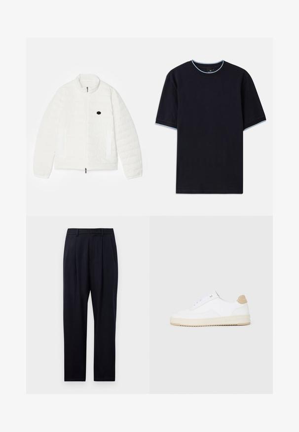 Bijela kožna jakna s visokom kragnom, prednjim patentnim zatvaračem, dva bočna džepa i malim crnim heksagonalnim logotipom na prsima. Glatka tekstura.; Tamno plava kratka majica s kapućinom, s okruglim izrezom, s svijetloplavim detaljima na ovratniku i rukavima. Izrađena od mekog pamučnog materijala.; Nave plave hlače ravnog kroja, s teksturiranim materijalom, dva prednja nabora, petlje za remen i patent zatvaračem.; Bijele niske tenisice s gornjim dijelom od teksturirane kože, kremasto žljebastim potplatom i smeškim akcentom na peti. Imaju bijele vezice i detalj s logotipom na peti.