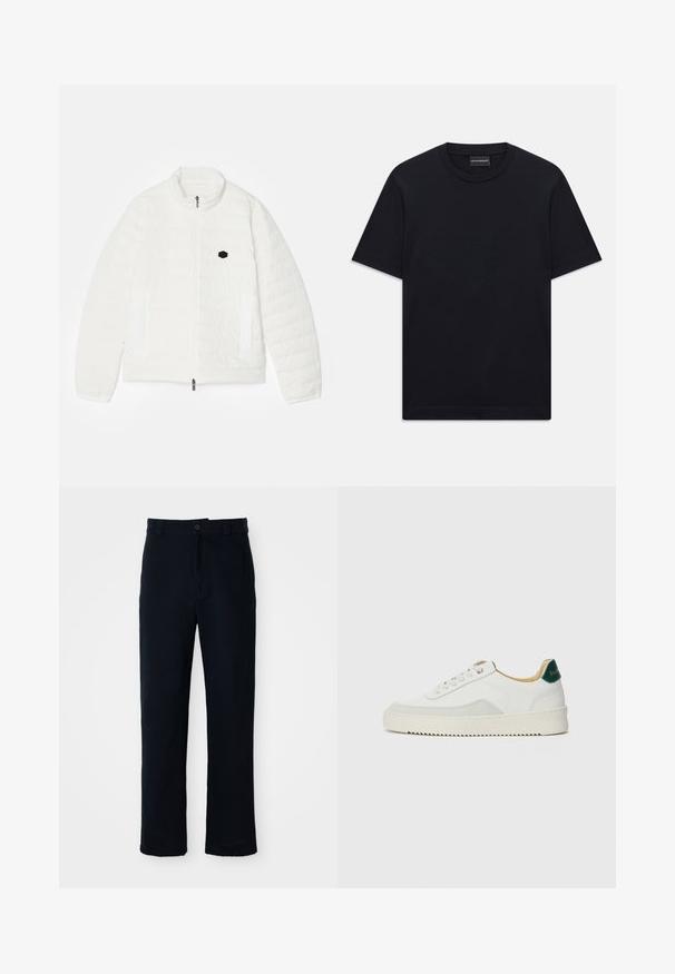 Casaco branco acolchoado com gola alta, fecho de correr à frente, dois bolsos laterais e um pequeno logo hexagonal preto no peito. Textura suave.; T-shirt preto de mangas curtas com decote redondo, apresentando um discreto design de logotipo em relevo centrado no peito e uma etiqueta da marca na gola.; Calças azul marinho em algodão, com um design de perna reta, fecho frontal com botão e cinta clássica com passantes para cinto.; Tênis brancos com detalhes em camurça, bico arredondado, atacadores planos e sola de borracha creme. Apresenta uma marcação verde no calcanhar.