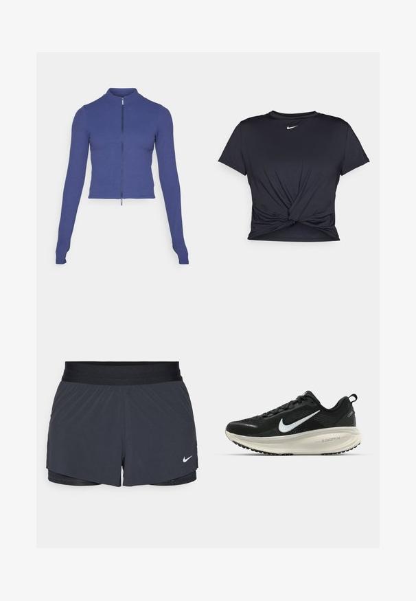 Přiléhavá dlouhá zipová bunda v tmavě modré barvě. Vyrobena z elastického materiálu, s vysokým límcem a hladkou texturou. Jednoduchý design.; Černé sportovní tričko vyrobené z hladkého materiálu, s uzlovým designem vpředu a malým bílým logem Nike na hrudi.; Černé sportovní kraťasy s elastickým pasem, které mají vrstvený design a malé bílé logo Nike na dolním levém rohu. Lehce materiál.; Černá běžecká obuv Nike s prodyšným síťovaným svrškem, bílým logem swoosh, texturovanými detaily a krémovou mezipodešví ZoomX.