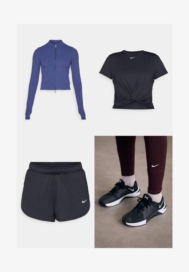 Fitted long-sleeve zip-up jacket in deep blue. Made from stretchy material, featuring a high collar and a smooth texture. Simple design.; Black athletic t-shirt made of smooth fabric, featuring a knotted front design and a small white Nike logo on the chest.; Black athletic shorts made of lightweight, breathable fabric. Features an elastic waistband and white Nike logo on the lower right side.; Black athletic shoes with a textured upper and white accents, featuring laces and a side logo. Worn with maroon leggings and light socks.