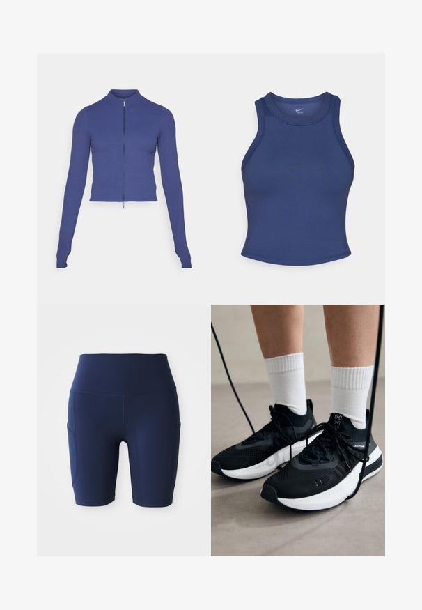 Fitted long-sleeve zip-up jacket in deep blue. Made from stretchy material, featuring a high collar and a smooth texture. Simple design.; Navy blue athletic tank top with a fitted design, round neckline, and smooth texture. Features minimal seams and no visible branding.; Navy blue, high-waisted biking shorts made of stretchy, smooth fabric; features side pockets and a fitted design.; Black athletic shoes with textured fabric, white sole, and black laces. Worn with white ribbed socks, standing on a light surface.
