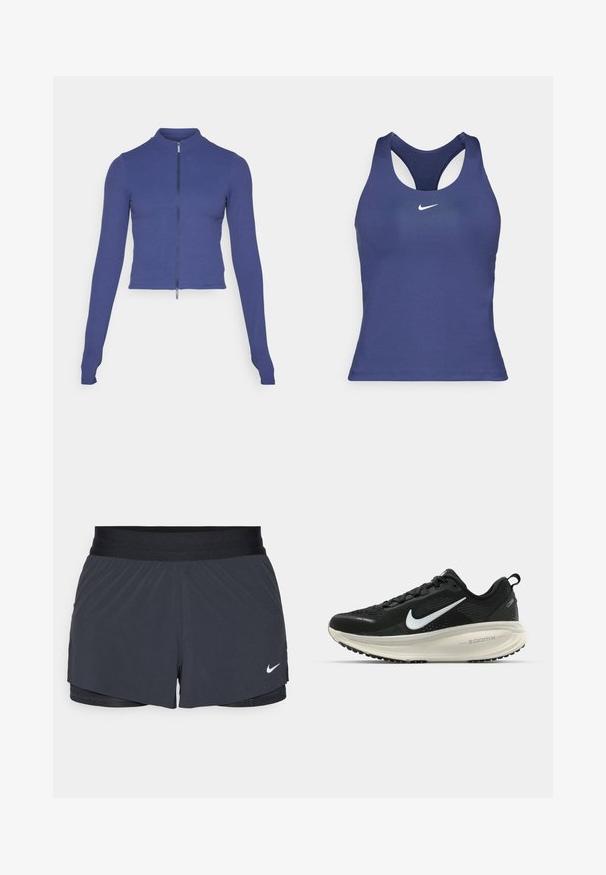 Jachetă cu fermoar cu mâneci lungi, ajustată, de culoare albastru închis. Fabricată din material elastic, având un guler înalt și o textură netedă. Design simplu.; Tricou sportiv de culoare albastru închis, cu spate tip racerback, realizat dintr-un material neted, prezentând un mic logo alb Nike pe piept.; Shorts atletici negri, cu un elastic la talie, având un design stratificat și un mic logo alb Nike în partea stângă jos. Material ușor.; Pantofii de alergare negri de la Nike, cu parte superioară din plasă respirabilă, logo-ul alb Swoosh, detalii texturate și o talpă intermediară ZoomX de culoare crem.