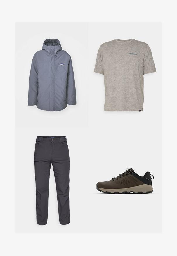 Szara kurtka ocieplana z kapturem, z suwakiem z przodu, kieszenią na piersi, kieszeniami po bokach oraz sznurkami do regulacji przy kapturze.; Szara koszulka z krótkim rękawem, uszyta z miękkiego, teksturowanego materiału, z małym niebieskim logo Patagonia na lewej piersi. Bez dodatkowych wzorów.; Ciemnoszare spodnie wykonane z trwałej tkaniny, z zamkniętą kieszenią, prostym krojem i szlufkami na pasek, umożliwiającymi regulację dopasowania.; Brązowe wodoodporne trampki z teksturowaną cholewką, perforowanymi akcentami, czarnym wsparciem pięty i szarym gumowym podeszwy. Sznurówki ozdobione metalowymi końcówkami.