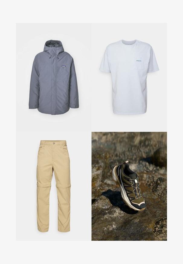 Šedá zateplená bunda s kapucňou, vybavená predným zipsom, vreckom na hrudi, bočnými vreckami a sťahovacími šnúrkami na kapucni pre prispôsobenie.; Biely bavlnený tričko s krátkymi rukávmi, okrúhlym výstrihom a náprsné vrecko na ľavej strane so modrým logom "Patagonia". Klasický strih s hladkou textúrou.; Béžové nohavice s odnímateľnými nohavicami, s hladkým povrchom, obsahujúce dve bočné vrecká, zapínanie na gombík a manžety na zväčšenie na všestrannosť.; Turistická obuv v olivovo zelenej a čiernej farbe s ružovými akcentmi. Má textúrovaný zvršok, flexibilnú podrážku, vystuženú špičku a farebný systém šnurovania.