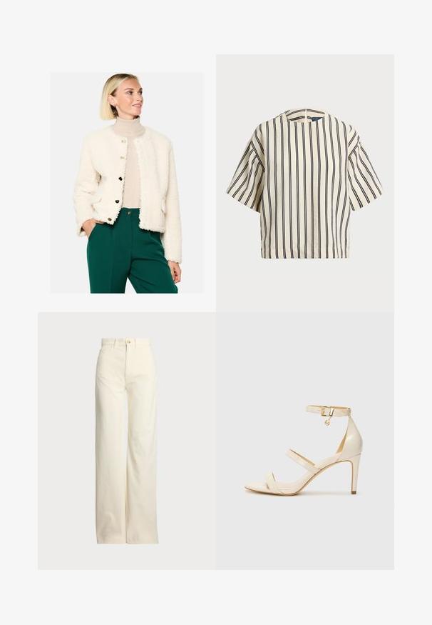 Pūkuotas baltas švarkas su apvaliu iškirpimu, auksiniais sagčių užsegimais, šoniniais kišenėmis ir tekstūruotu, minkštu paviršiumi. Suderintas su smėlio spalvos golfo tipo megztiniu.; Kreminės ir tamsiai mėlynos juostelės trumpų rankovių marškinėliai, turi apvalų iškirpimą ir dėžutės tipo dizainą, pagaminti iš tekstūruotos medžiagos.; Polo Ralph Lauren COTTON CORDUROY WIDE-LEG PANT - Kelnės - warm white; Šviesiai rudos aukštakulnės sagaus su plona kulkšnies juostele ir dviem viršutinėm juostelėm. Blizgus lakinės odos apdailos ir auksinė detalių apdaila ant kulkšnies juostelės.