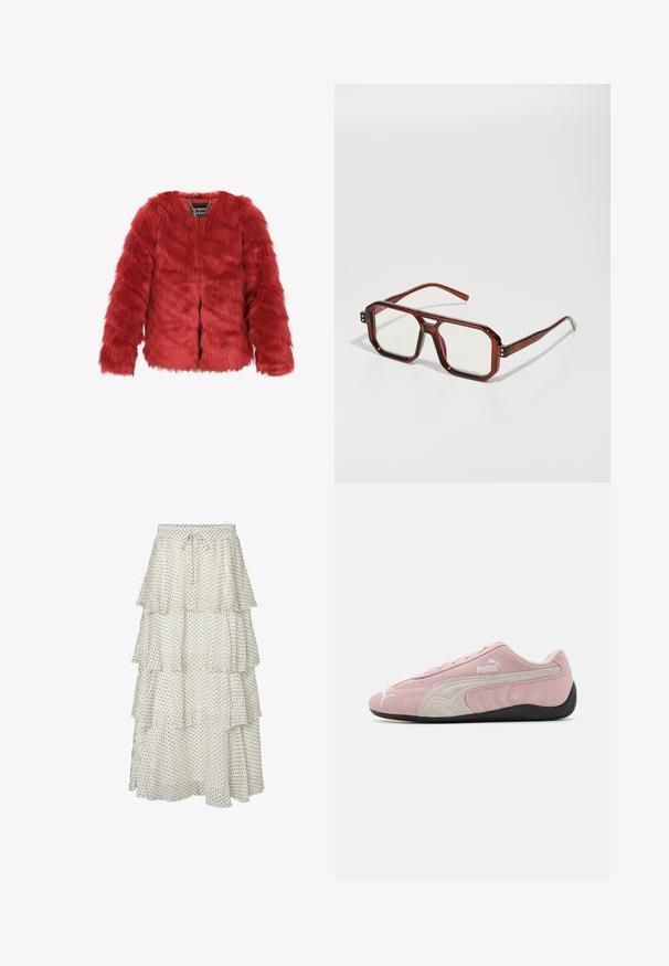 Punainen tekoturkishuppari, jossa on lyhyt leikkaus, pitkät hihat ja pyöreä kaulus. Varustettu etuläpällä ja bränditagilla sisällä. Pehmeä rakenne.; Vaaleanharmaa vetoketjullinen huppari, joka on valmistettu pehmeästä puuvillasekoitteesta. Siinä on kenguru-tasku, ribbireunukset ja nyörillinen huppu, jossa on minimalistinen muotoilu.; Kera valkoinen hame, jossa on mustia pilkkuja, elastisella vyötäröllä ja nyörikiinnityksellä. Hennoa kangasta, joka laskeutuu kauniisti ja jossa on laineileva helma.; Vaaleanpunaiset mokkanahkakengät, joissa on harmaat yksityiskohdat, virtaviivainen muotoilu, teksturoitu päällinen ja musta kumipohja. Sivulla on Puma-logo.; Ruskeista läpinäkyvistä ylisuurista laseista, joissa on suorakulmaiset linssit ja hoikat varsiosat. Kulmat ovat viistetyt ja hieman pyöristetyt, ja näkyviä varusteita on lisätty.; Musta kangaspussi, jossa on teksturoitu, tikkikuvio. Pyöreä muoto, lyhyet, paksut kahvat ja pehmeä, joustava rakenne.