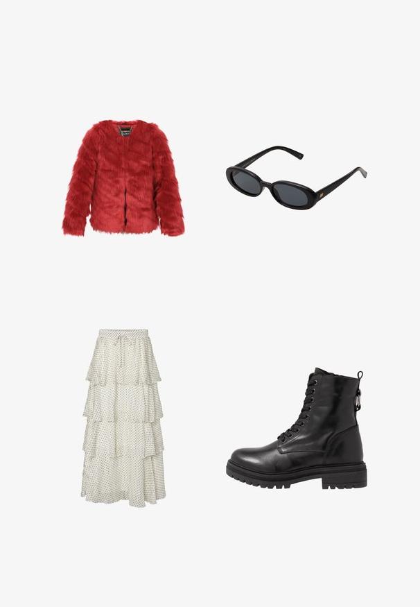 Rote Kunstfelljacke mit kurzem Schnitt, langen Ärmeln und Rundhalsausschnitt. Verfügt über einen Frontverschluss und ein Markenetikett innen. Weiche Textur.; Schwarzer Rollkragenpullover aus weichem Strickstoff. Mit langen Ärmeln und einer engen Passform sowie einem geraden Saum.; Gestuftem weißes Rock mit schwarzen Punkten, ausgestattet mit einem elastischen Bund und Kordelzug. Fließender Stoff mit gerafftem Saum.; Schwarze Leder-Stiefelette mit runder Zehenpartie, Schnürung vorne und strukturiertem Gummi-Sohle. Verfügt über eine Zuglasche hinten und verstärkte Nähte.; Schwarze, oversized Sonnenbrillen mit ovalen Gläsern, glattem Kunststoffrahmen und goldenen Akzenten an den Bügeln. Die dunklen Gläser bieten Sonnenschutz.; Braune Kunstfelltasche mit zwei schwarzen Ledergriffen, weiche Textur, runde Form und sichtbare Nähdetails an den Seiten.