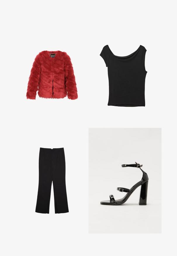 Červená umělá kožešinová bunda s krátkým střihem, dlouhými rukávy a kulatým výstřihem. Disponuje předním zapínáním a vnitřní značkovou visačkou. Měkká textura.; Černý krátký rukáv top vyrobený z hladké látky; má drapovaný výstřih a asymetrický lem, s přiléhavým střihem.; Černé kalhoty s rovným střihem, s předními kapsami a bočními rozparky na lemu. Vyrobené z jemné, hladké tkaniny. Vhodné na různé příležitosti.; Černé lakované sandály na podpatku se čtveratou špičkou, lýtkovými pásky a stříbrnými přezkami. Disponují masivním blokovým podpatkem pro stabilitu.