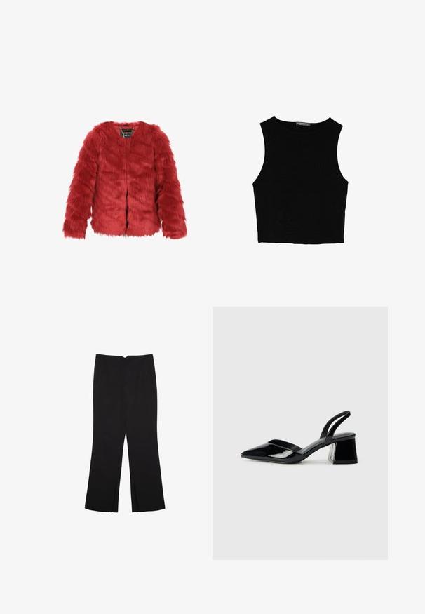 Červená umelá kožuch s krátkym strihom, dlhými rukávmi a okrúhlym výstrihom. Obsahuje predné zapínanie a vnútornú nášivku s logom. Mäkká textúra.; Čierny bezrukávový crop top vyrobený z hladkej tkaniny, so zaobleným výstrihom a čistým, jednoduchým dizajnom bez vzorov alebo kovania.; Čierne nohavice so strihom rovného strihu, s prednými vreckami a bočnými rozparkami na leme. Vyrobené z mäkkej, hladkej tkaniny. Vhodné na rôzne príležitosti.; Čierne lakované kožené sandálové podpätky s špicatou špičkou a geometrickým blokovým podpätkom. Disponujú elegantným, minimalistickým dizajnom a hladkým povrchom.