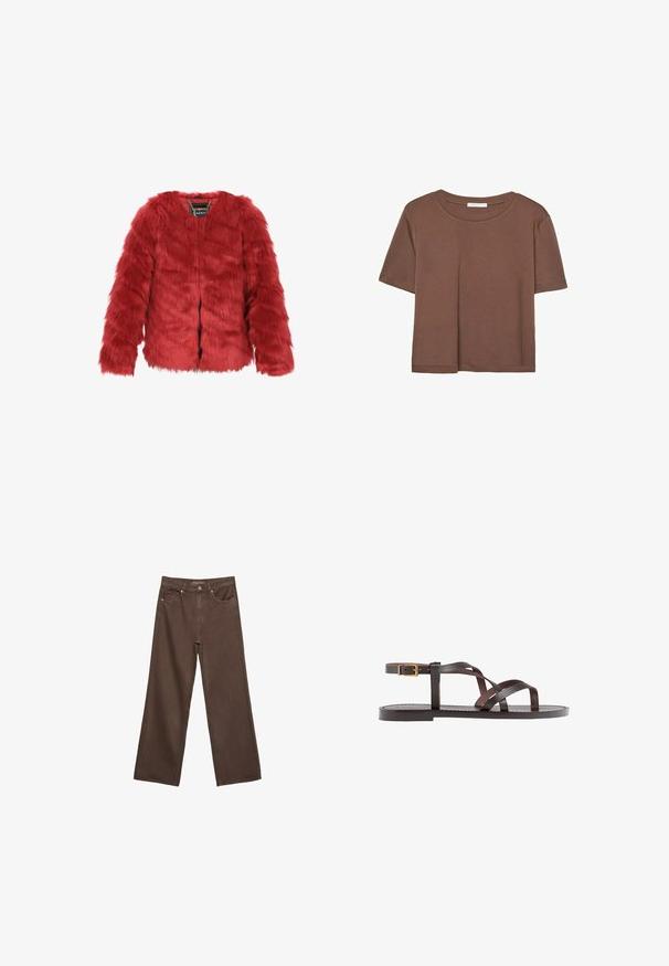 Veste en fausse fourrure rouge avec une coupe courte, des manches longues et un col rond. Elle possède une fermeture à l'avant et une étiquette de marque à l'intérieur. Texture douce.; T-shirt marron à manches courtes en tissu doux, avec un col rond et une coupe décontractée. Aucun motif ni accent visible.; Jean brown à jambes larges en denim, doté d'une taille haute, de poches avant et d'une fermeture à bouton classique. Texture lisse avec des coutures subtiles.; Sandale en cuir marron avec des brides entrecroisées, une fermeture à boucle à la cheville et une semelle plate avec des détails de couture minimaux.