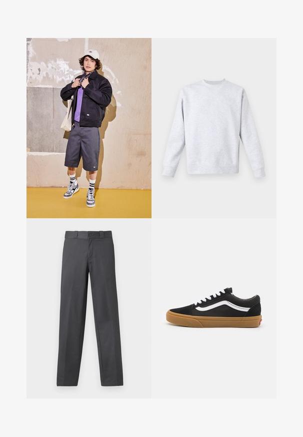 Sort jakke, lilla skjorte, grå shorts og grå sneakers. Tilbehøret inkluderer en hvid kasket og et sort bandana. Bomuldsstoffer, afslappet design.; Lys grå sweatshirt lavet af blødt stof, med rund hals, lange ærmer og ribbede manchetter og kant. Minimalistisk design uden mønstre.; Grå bukser lavet af glat stof, med lige ben-design, knappelukning og bæltesløjfer; minimale sømme og uden mønstre.; Sorte ruskind sneakers med hvid stribe på siden, hvide snørebånd og gummisål. Klassisk lavtopdesign med teksturerede detaljer og rund tå.