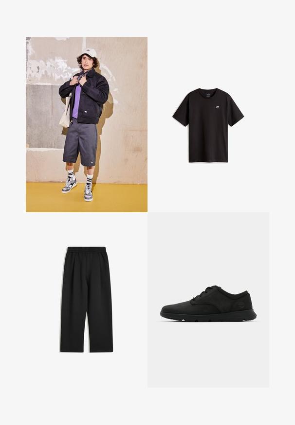 Czarna kurtka, fioletowa koszula, szare szorty i szare trampki. Dodatki to biała czapka i czarna chustka. Materiały bawełniane, casualowy design.; Czarna bawełniana koszulka z krótkim rękawem i okrągłym dekoltem. Posiada małe białe logo skateboardu na piersi. Prosty design i krój.; Czarne spodnie z szerokimi nogawkami, elastycznym paskiem w talii i bocznymi kieszeniami, wyłożone na białym tle.; Czarne buty na sznurówki z gładkiej skórzanej cholewki, zaokrąglonym noskiem i miękką podeszwą. Posiadają subtelne logo na pięcie.