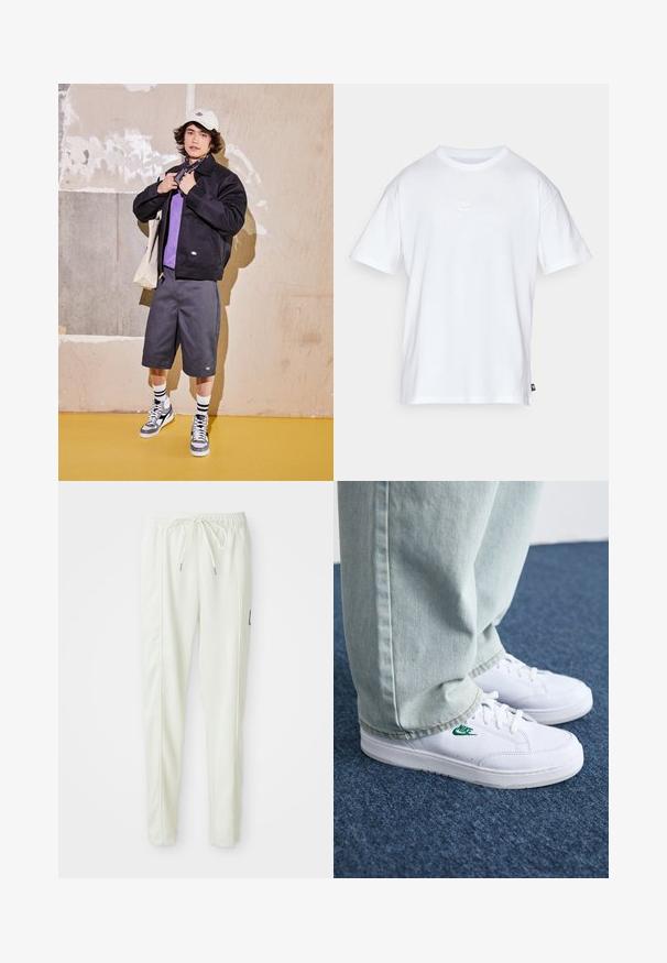 Schwarze Jacke, lila Hemd, graue Shorts und graue Turnschuhe. Accessoires sind eine weiße Mütze und ein schwarzes Bandana. Baumwollmaterialien, lässiges Design.; Weißes Baumwoll-T-Shirt mit kurzen Ärmeln und Rundhalsausschnitt. Verfügt über ein kleines, dezentes Nike-Logo auf der Brust und ein seitliches Etikett.; Weiße, körpernahe Jogginghose mit elastischem Bund und Kordelzug, ausgestattet mit seitlichen Nähten und einem kleinen schwarzen Patch am rechten Bein.; Weiße Leder-Sneaker mit grünem Nike-Logo, runde Zehenpartie, flache Sohle, kombiniert mit hellblauen Jeans, präsentiert auf einem blauen Teppich.