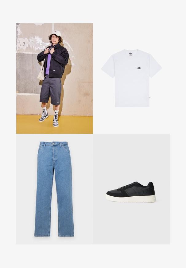 Sort jakke, lilla skjorte, grå shorts og grå sneakers. Tilbehøret inkluderer en hvid kasket og et sort bandana. Bomuldsstoffer, afslappet design.; Hvid bomulds t-shirt med korte ærmer, der har et lille sort logo på brystet og et mærke i det nederste venstre hjørne.; Lysblå denim straight-leg jeans med et klassisk femlomme-design, der har frontknaplukning og bæltestropper. Glat tekstur.; Sort lavt-top sneakers med tekstureret læder og ruskindspaneler, hvidgummi sål og sorte snørebånd på en ensfarvet lys baggrund.