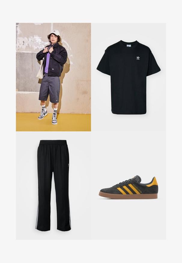 Svart jakke, lilla skjorte, grå shorts og grå joggesko. Tilbehør inkluderer en hvit caps og et svart bandana. Bomullsmaterialer, uformelt design.; Svart bomull T-skjorte med rund hals og korte ermer, med en liten hvit Adidas-logo på venstre brystområde.; Sorte treningsbukser med elastisk midjebånd, med hvite sidestiper og en liten logo. Materialet ser mykt og lett ut.; Sort skinnesko i svart semsket skinn med gule detaljer, med tre striper og en brun gummisåle. Inkluderer en polstret tunge for komfort.