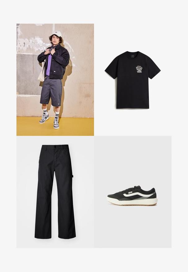 Sort jakke, lilla skjorte, grå shorts og grå sneakers. Tilbehøret inkluderer en hvid kasket og et sort bandana. Bomuldsstoffer, afslappet design.; Sort bomulds T-shirt med et hvidt grafisk tekstdesign på venstre bryst, som står "It's a Warped World Vans." Klassisk crew neck stil.; Svarte breddebenede bukser fremstillet af holdbart stof. Har en knaplukning og sidelommer. Glat tekstur med et enkelt design.; Sorte sneakers med hvide detaljer, med en glat syntetisk overdel, rund form og gummisåler, parret med lyse beige bukser.