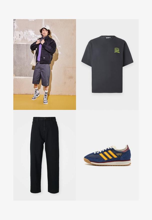 Črna jakna, vijolična srajca, sivi šortsi in sivi športni copati. Dodatki vključujejo belo kapo in črn bandana. Bombažni materiali, priložnostna zasnova.; Črno-siva Adidas majica s kratkimi rokavi in majhnim neon zelenim grafičnim motivom z zvočniki, soncem in Adidasovim logotipom na levi strani prsnega koša.; Črne jeans hlače s ravnim krojem. Imajo klasičen pet-pocket dizajn, zapiranje na gumb in subtilno teksturo tkanine.; Mornarsko modre suede teniske z rumenimi črtami, belimi vezalkami in burgundskimi poudarki. Teksturna podplat z utori za oprijem. Logotip blagovne znamke na strani.