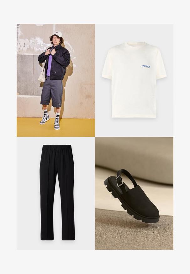 Melna jaka, violeta krekls, pelēkas šorti un pelēki sporta apavi. Aksesuāri ietver baltu cepuri un melnu bandanu. Kokvilnas materiāli, ikdienišks dizains.; Krēma krāsas T-krekls ar īsām piedurknēm, izgatavots no mīkstas kokvilnas, ar mazu zilu drukātu logotipu kreisajā krūšu daļā. Klasiska apaļā kakla dizains.; Melni elastīgi bikses ar taisnas kājas dizainu, ar gludu tekstūru un bez redzamām zīmēm vai detaļām.; Melna zamšāda slingback kurpe ar biezu, teksturētu zoli un sudraba sprādzi. Izsmalcināts dizains ar minimālistisku stilu, kas virs teksturētas virsmas.