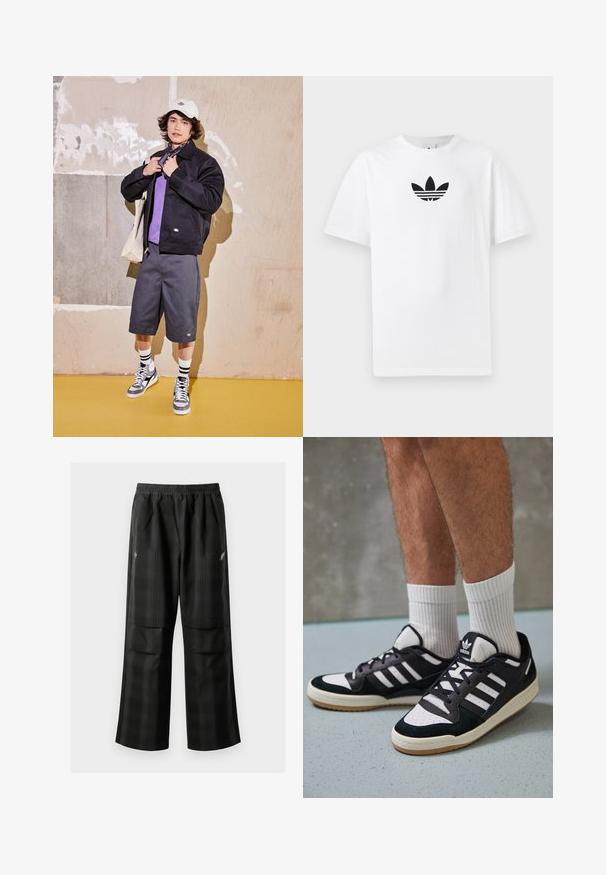 Črna jakna, vijolična srajca, sivi šortsi in sivi športni copati. Dodatki vključujejo belo kapo in črn bandana. Bombažni materiali, priložnostna zasnova.; Bela bombažna majica s črnim logojem Adidas na sredini. Kratki rokavi in oblikovanje z okrog lim. Gladka tekstura.; Črne karirane hlače z elastičnim pasom, dvema sprednjima žepoma in ohlapnim krojem s pravimi nogavicami. Narejene so iz lahke tkanine.; Črno-bele superge z zgornjim delom iz usnja in nubuka, ki imajo tri bele črte, perforiran vrh prstov in podplat iz gume.