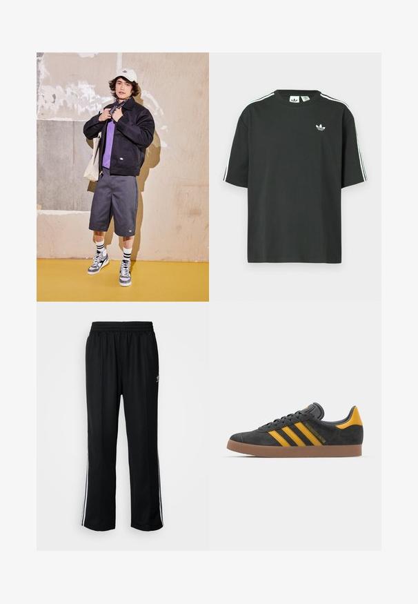 Jachetă neagră, cămașă violet, pantaloni scurți gri și adidași gri. Accesorii includ o șapcă albă și un bandană neagră. Materiale din bumbac, design casual.; Tricou negru din bumbac cu mâneci scurte, guler rotund și detalii albe cu trei dungi pe umeri. Prezintă un logo mic alb pe piept.; Pantaloni atletici negri cu talie elastică, având dungi albe pe laterale și un mic logo. Materialul pare moale și ușor.; Tenisi negri din suede cu accente galbene, având trei dungi și o talpă din cauciuc maroniu. Include un limba căptușită pentru confort.