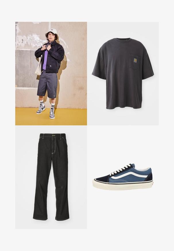Czarna kurtka, fioletowa koszula, szare szorty i szare trampki. Dodatki to biała czapka i czarna chustka. Materiały bawełniane, casualowy design.; Czarna bawełniana koszulka z krótkim rękawem, okrągłym dekoltem i kieszenią na lewej piersi z kwadratową łatką logo. Prosty i nieozdobiony design.; Czarne dżinsy o luźnym kroju, z kontrastującymi białymi szwami, z zapięciem na guzik i prostą nogawką.; Niebieskie i granatowe trampki z płótna z białymi akcentami, czarnymi detalami na podeszwie i płaskimi białymi sznurówkami. Charakteryzują się klasycznym niskim krojem oraz detalami przeszycia.