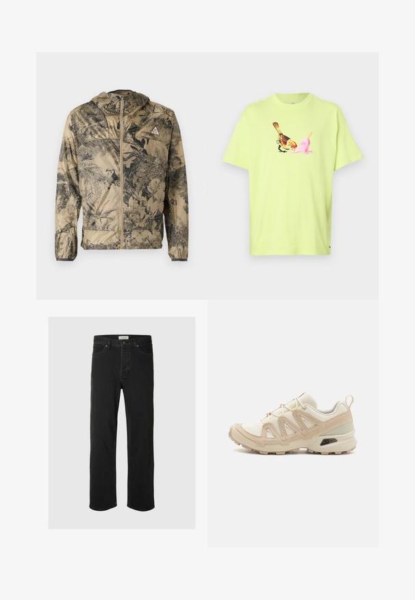 Lengvas smėlinis švarkas su juodu botanikos raštu. Savyje turi kapučioną, priekinį užtrauktuką ir elastingas rankoves. Minimalistinis dizainas be matomų detalių.; Lime spalvos medvilninis marškinėlis su paukščio ir rožinės ledų kojos grafika, su paprastu apykaklės dizainu ir trumpomis rankovėmis.; Juodos džinsinės tiesaus silueto kelnės turi klasiką penkių kišenių dizainą su mygtukų uždarymu, minimaliais siūlais ir minkšta tekstūra.; Bežinės ir kreminės spalvos sportinės bateliai su tekstūruoto tinklelio viršutine dalimi, palaikančiomis detalėmis ir guminiais padais, turinčiais raštą, užtikrinantį sukibimą.