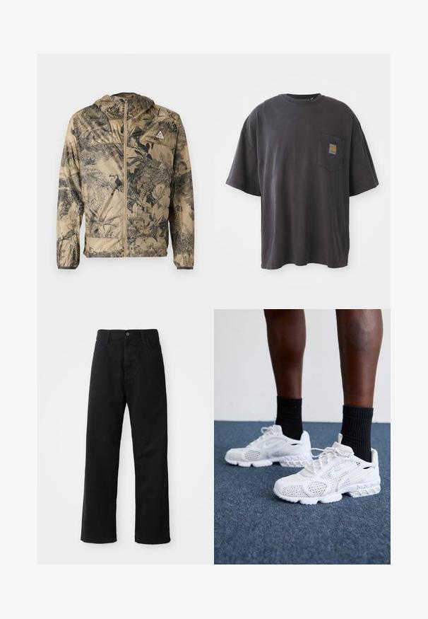 Lett beige jakke med svart botanisk trykk. Har hette, frontglidelås og elastiske mansjetter. Minimalistisk design uten synlig maskinvare.; Svart bomulls t-skjorte med korte ermer, rund hals og en lomme på venstre bryst med et firkantet logomerke. Enkel og uforfinedt design.; Svart denimbukser med rett snitt, med frontlommer, glidelåsgylf og en enkelt knapp i toppen. Teksturert stoff med matt overflate.; Hvite joggesko med mesh-overdel, teksturerte detaljer og polstret såle. Kombinert med svarte ribbede ankelstrømper på et blått teppet.
