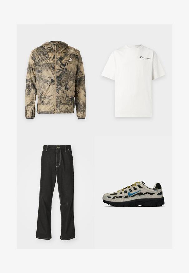Lett beige jakke med svart botanisk trykk. Har hette, frontglidelås og elastiske mansjetter. Minimalistisk design uten synlig maskinvare.; Hvit t-skjorte i bomull med korte ermer, rund hals og svart trykt tekst på brystet med påskriften "Carhartt Work in Progress 1989."; Svarte denimbukser med løs passform, med kontrastfylt hvit søm, knappelukking og rett ben-design.; Beige og svart Nike P-6000 sneakers med blå swoosh, gule lisser, svart såle og Cordura-stoffetikett på hælen.