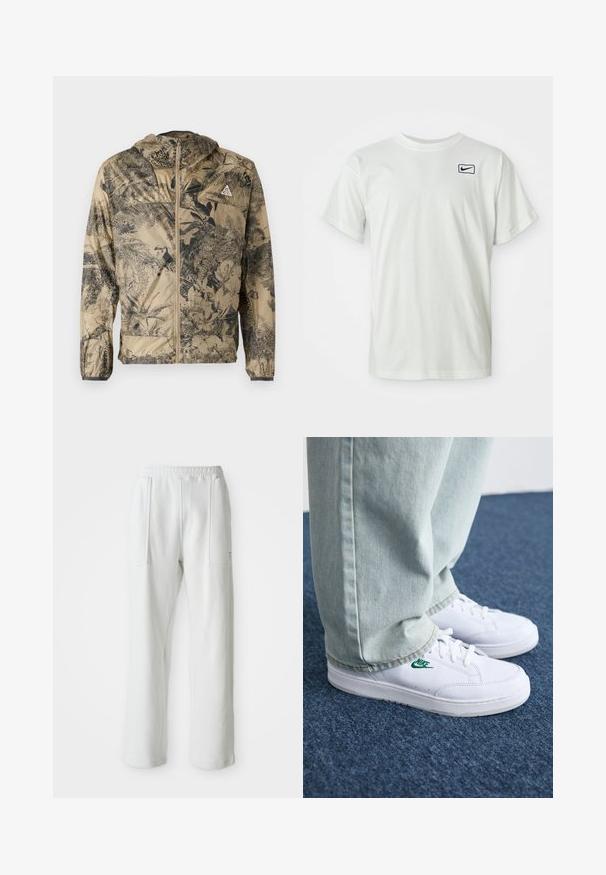 Lengvas smėlinis švarkas su juodu botanikos raštu. Savyje turi kapučioną, priekinį užtrauktuką ir elastingas rankoves. Minimalistinis dizainas be matomų detalių.; Balta medvilninė marškinėliai su trumpomis rankovėmis, su tamsiai mėlynu "Nike" logo išsiuvinėtu ant kairiojo krūtinės. Standartinio apvalaus kaklo dizainas.; Balti kasualūs keliai su elastinga juosta ir didelėmis priekinių kišenėmis, pavaizduoti ant paprasto šviesaus fono.; Balti odiniai sportbačiai su žaliu Nike logotipu, apvalia nosimi, plokščiu padu, derinami su šviesiai mėlynomis džinsinėmis kelnėmis, rodomi ant mėlynos kiliminės dangos.