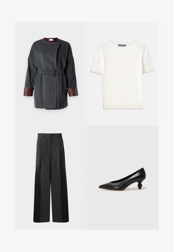 Sötétszürke gyapjú kabát övvel a deréknál, nagy első zsebekkel és barna bőr mandzsettákkal. Kerek nyakkivágással és egy gombos záródással rendelkezik.; Fehér, rövid ujjú kötött felső, kerek nyakkivágással, sima textúrával és diszkrét bordázott részletekkel az ujjain és az alján.; Fekete, bő szárú nadrág magas derékkal, elöl plissékkel, sima felülettel és igényes kidolgozással. Kényelmes viseletre tervezve.; Fekete bőr magassarkú cipő, hegyes orral és kerek, gömbölyű sarokkal. Simább textúrával, elegáns, minimalista dizájnnal.