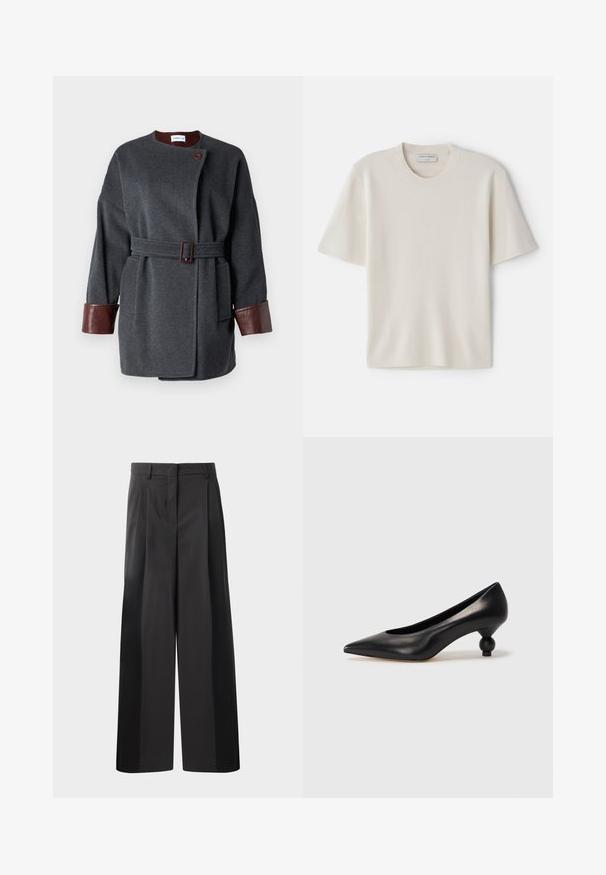 Σκούρο γκρι παλτό από μάλλινο ύφασμα με ζώνη στη μέση, μεγάλα μπροστινά τσέπες και καφέ δερμάτινες μανσέτες. Διαθέτει στρογγυλή λαιμόκοψη και κλείσιμο με έναν μόνο κουμπί.; Κρεμ κοντομάνικο T-shirt με στρογγυλή λαιμόκοψη, φτιαγμένο από μαλακό υλικό, με ίσια γραμμή και ελάχιστες λεπτομέρειες.; Μαύρο παντελόνι φαρδύ με ψηλή μέση, με κρόσσια μπροστά, ομαλή υφή και κομψό φινίρισμα. Σχεδιασμένο για άνετη εφαρμογή.; Μαύρο δερμάτινο ψηλοτάκουνο παπούτσι με μυτερή μύτη και στρογγυλή, μπαλαρίνα σόλα. Λείο υλικό με κομψό, μινιμαλιστικό σχέδιο.