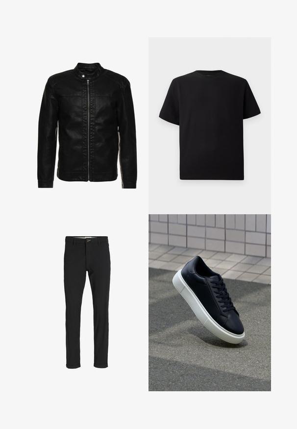 Black leather jacket with a high collar, front zipper, and stitch detailing on shoulders. Features slim fit and long sleeves.; Black short-sleeve T-shirt made of textured fabric, featuring a round neckline and a relaxed fit. Simple, no patterns or accents.; Black cotton blend pants with a slim fit, featuring a button closure, pockets, and rolled cuffs for a casual finish.; Black leather sneaker with rounded toe and white rubber sole. Features flat laces and minimal stitching on the upper. Textured sole for grip.