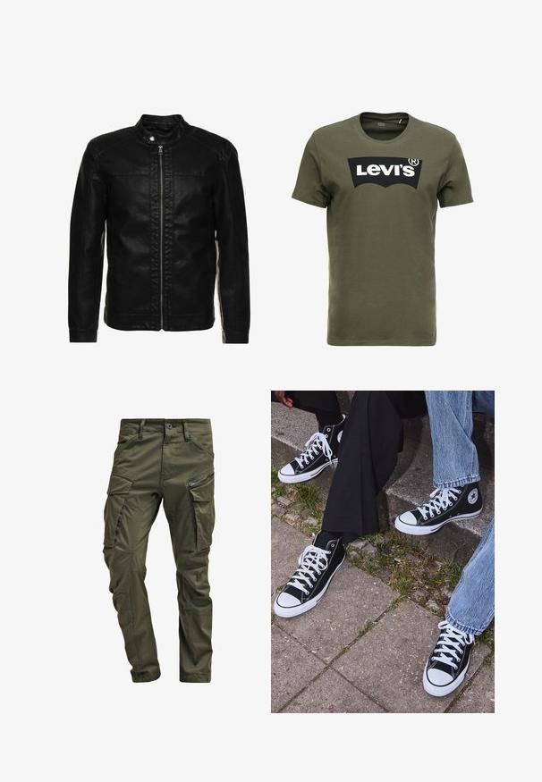 Chaqueta de cuero negra con cuello alto, cremallera frontal y detalles de costura en los hombros. Tiene un corte ajustado y mangas largas.; Camiseta de algodón verde oliva con un gran logo negro de Levi's en el frente. Cuello redondo clásico y mangas cortas, textura suave.; Pantalones cargo verde oliva hechos de algodón resistente. Cuenta con múltiples bolsillos, un bolsillo lateral con cremallera y piernas ajustadas con un acabado ligeramente texturizado.; Zapatillas de lona negras de caña alta con suelas y cordones de goma blanca, con un logo circular en el lado, combinadas con unos pantalones de mezclilla y negros.