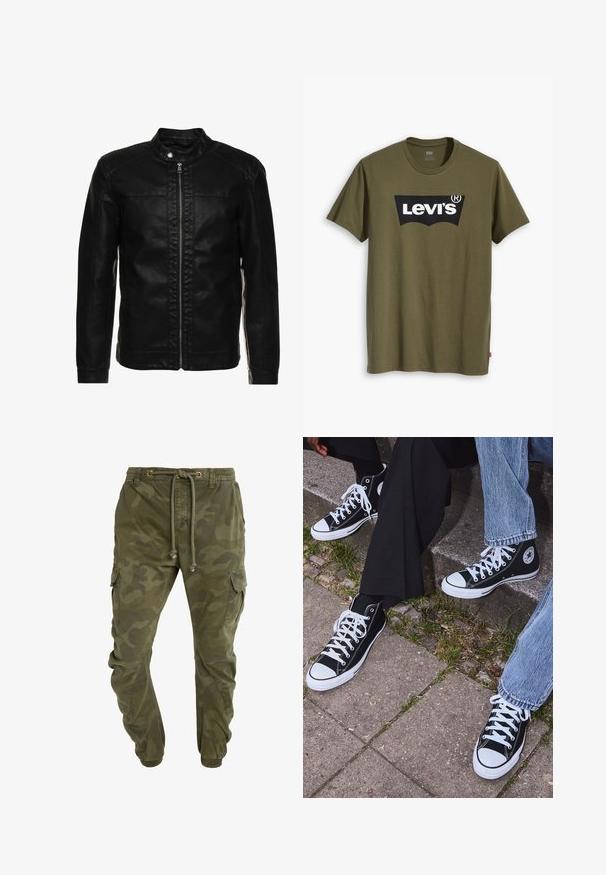Giacca in pelle nera con colletto alto, zip frontale e dettagli cuciti sulle spalle. Caratterizzata da una vestibilità slim e maniche lunghe.; T-shirt di cotone verde oliva con un grande logo Levi's nero in una forma semi-arcuata a contrasto sul petto. Vestibilità regolare.; Pantaloni cargo verdi con motivo camouflage, vita con coulisse, polsini elasticizzati e tasche laterali. Realizzati in tessuto resistente.; Sneakers alti neri in tela con suole e lacci bianchi, dotati di un logo circolare di lato e abbinati a pantaloni in denim e neri.