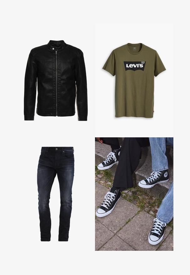 Giacca in pelle nera con colletto alto, zip frontale e dettagli cuciti sulle spalle. Caratterizzata da una vestibilità slim e maniche lunghe.; T-shirt di cotone verde oliva con un grande logo Levi's nero in una forma semi-arcuata a contrasto sul petto. Vestibilità regolare.; Jeans slim-fit blu scuro con leggera scoloritura su cosce e ginocchia, dotati di tasche frontali, passanti per la cintura e chiusura a bottone.; Sneakers alti neri in tela con suole e lacci bianchi, dotati di un logo circolare di lato e abbinati a pantaloni in denim e neri.