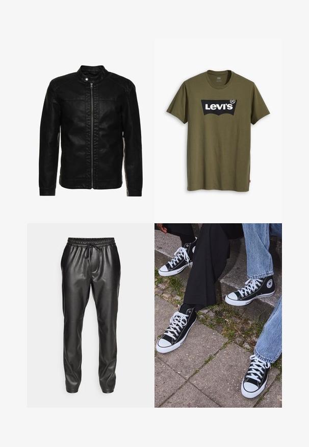 Fekete bőrdzseki magas gallérral, elülső cipzárral és varrott részletekkel a vállaknál. Slim fit kialakítású, hosszú ujjakkal.; Olívazöld pamutpóló, melyen egy nagy fekete Levi's logó látható, kontrasztos, félköríves formában a mellkas közepén. Normál szabású.; Fekete bőr jogger nadrág, rugalmas derékkal és állítható zsinórral. Simább textúra, szűkített szabás és bordázott bokák.; Fekete magas szárú vászon sportcipők fehér gumi talppal és fűzőkkel, az oldalukon kör alakú logóval, farmernadrággal és fekete nadrággal párosítva.