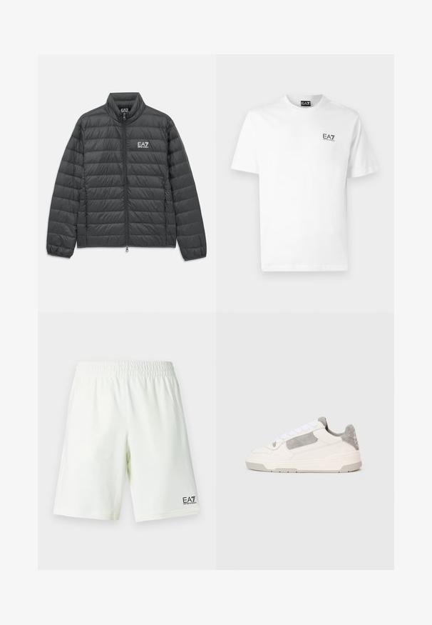 Melnā, quilted, ar rāvējslēdzēju aizdare, jaka ar stāvošu apkakli, elastīgām piedurknēm un baltu EA7 Emporio Armani logotipu uz krūtīm un iekšējā apkakles.; Balta kokvilnas T-kreklā ar apaļu kakla izgriezumu, īsām piedurknēm un melnu EA7 logo kreisajā krūtī. Gluda, vienkārša tekstūra.; Baltas šortus ar elastīgu vidukli un EA7 Emporio Armani logotipu melnā krāsā uz apakšējās labās kājas.; Balti un gaiši pelēki zemas tenisa kurpes ar baltām auklām un zamša akcentiem, attēlotas no sāna uz vienkārša gaiša fona.