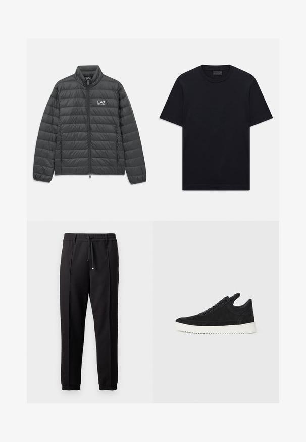Melnā, quilted, ar rāvējslēdzēju aizdare, jaka ar stāvošu apkakli, elastīgām piedurknēm un baltu EA7 Emporio Armani logotipu uz krūtīm un iekšējā apkakles.; Melnas īsām piedurknēm T-krekls ar apaļu kakla izgriezumu, ar smalku iepresētu logotipa dizainu krūšu centrā un zīmola etiķeti apakšā kaklā.; Melni bikses ar jostu, staipāmu un elastīgām aprocēm. Ar krokām un gludu, teksturētu audumu.; Melna zamša apavi ar baltu gumijas zoli, ar tonālu izšuvumu un auklu dizainu. Gluda tekstūra ar mūsdienīgu, plūstošu formu.