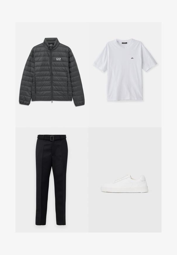 Melnā, quilted, ar rāvējslēdzēju aizdare, jaka ar stāvošu apkakli, elastīgām piedurknēm un baltu EA7 Emporio Armani logotipu uz krūtīm un iekšējā apkakles.; Balts kokvilnas t-krekls ar apaļu kakla izgriezumu un īsām piedurknēm, ar mazu melnu logotipu uz krūtīm. Gluda tekstūra un brīvs griezums.; Melni piegriezti bikses ar gludu audumu, taisnu piegriezumu un jostu ar taisnleņķa sprādzi. Pamanāmie priekšējie iegriezumi uzlabo dizainu.; Baltas sporta apavi ar gludu ādas virsu, noapaļotu purngalu, auklām, teksturētām sānu akcentiem un biezu gumijas zoli. Minimālists dizains.