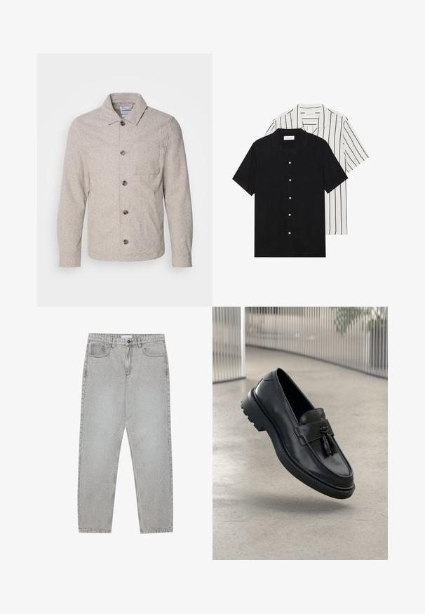 Lindbergh CROPPED LENGTH OVERSHIRT JACKET - Nyári dzseki - dark sand melange; Két rövid ujjú ing: az egyik egyszínű fekete, a másik fehér fekete függőleges csíkokkal. Mindkettő gombos záródással és klasszikus gallérral rendelkezik.; Világosszürke farmernadrág egyenes szabással, öt zsebes stílusban, gombos záródással. Látható varrások az illesztéseknél.; Fekete bőrből készült mokaszinok sima felülettel, díszes bojttal, vastag gumitalppal és varrott részletekkel. Könnyű és elegáns kialakítás.