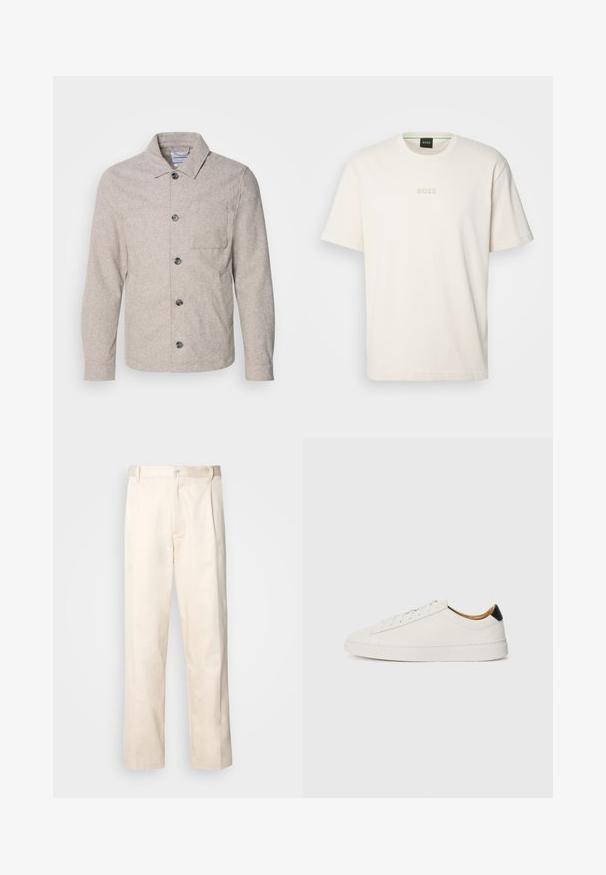 Lindbergh CROPPED LENGTH OVERSHIRT JACKET - Skraistė - dark sand melange; BOSS TEE - Paprasti marškinėliai - open white; Bežinės medvilninės kelnės su tiesiu kirpimu, turinčios mygtuko uždarymą ir priekyje raukšles papildomai dekoratyviam akcentui.; Balti sportbačiai su lygia oda, apvalia pirštine ir plokščiu padu. Juodas akcentas prie kulno, su toniniais raišteliais ir minimaliais prekių ženklais.