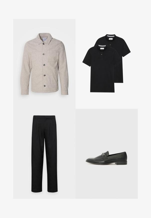 Lindbergh CROPPED LENGTH OVERSHIRT JACKET - Summer jacket - dark sand melange; Two black polo shirts, short-sleeved, cotton material, featuring a classic collar, two-button placket, and white striped accents inside the collar.; Black trousers made of smooth fabric, featuring a straight-leg design, two front pleats, and standard waistband with belt loops.; Black leather loafer with a smooth finish, featuring a stitched design and a decorative metal chain accent across the vamp. Flat heel.