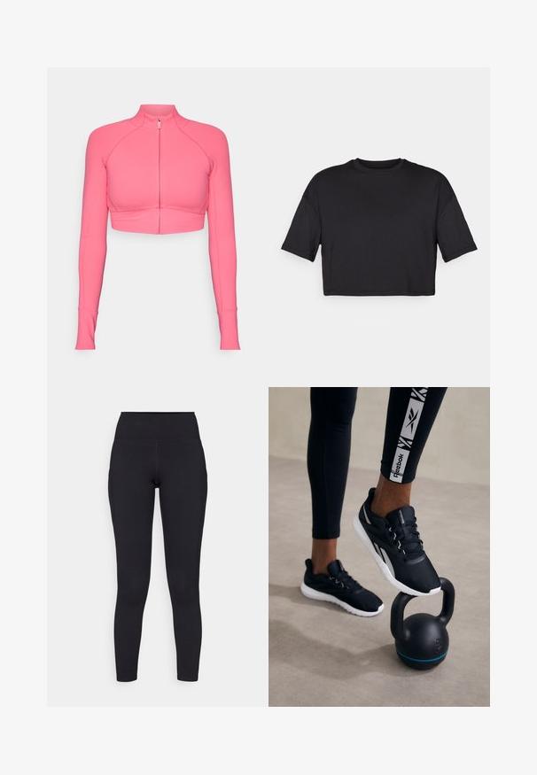 Giacca cropped rosa con zip e maniche lunghe, realizzata in tessuto morbido, caratterizzata da un design aderente e dettagli di cucitura a contrasto.; T-shirt nero cropped realizzato in tessuto morbido, con scollatura rotonda e maniche corte e larghe, dal design semplice e senza cuciture.; Leggings neri a vita alta realizzati in materiale elasticizzato, con una texture liscia e un design aderente che si estende fino alle caviglie.; Scarpe sportive nere con una parte superiore testurizzata, suola bianca e dettagli grigi, posizionate su un kettlebell nero con una striscia blu, su uno sfondo neutro.
