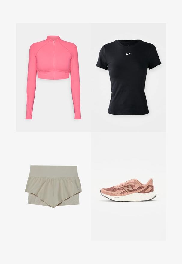 Roze cropped zip-up jack met lange mouwen, gemaakt van gladde stof, en voorzien van een getailleerd ontwerp en contrasterende stikseldetails.; Zwart sportief t-shirt met korte mouwen en een ronde hals, met een klein wit Nike swoosh-logo dat gecentreerd op de borst staat.; Beige sportieve shorts met een uitlopende ruffle-ontwerp, voorzien van een textuur onderlaag met perforaties. Rekbare tailleband voor comfort.; Roze hardloopschoen met een bovenkant van mesh, voorzien van een gestructureerd ontwerp en bruine accenten. Lichtgewicht zool met aanzienlijke demping.