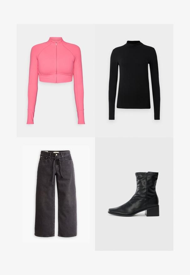 Jachetă roz, scurtă, cu fermoar și mâneci lungi, realizată dintr-un material neted, având un design ajustat și detalii de cusătură în contrast.; Cămașă neagră cu mânecă lungă și guler înalt, dintr-un material neted; design ajustat, fără cusături vizibile. Culoare simplă, uniformă.; Jeans negre cu picioare largi, din denim, cu talie ajustabilă cu șnur, cinci buzunare și detalii de cusătură în contrast. Design cu fața plată.; Botină din piele neagră până la jumătatea gambei, cu vârf pătrat, fermoar pe lateral și toc pătrat, pe un fundal alb simplu.