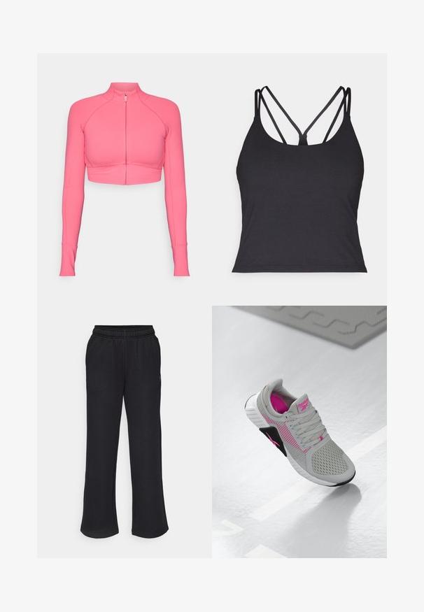 Veste rose à zip raccourcie avec manches longues, fabriquée en tissu lisse, présentant une coupe cintrée et des détails de surpiqûres contrastées.; Débardeur noir avec de fines bretelles et un design croisé dans le dos. Fabriqué en matériau doux et extensible avec une silhouette ajustée.; Pantalon de survêtement noir avec une coupe évasée, une taille élastique et des poches latérales. Fabriqué en tissu doux sans motifs ni accents visibles.; Baskets de sport Reebok grises et roses avec tige en mesh et semelle détaillée, présentées sur une surface blanche réfléchissante.