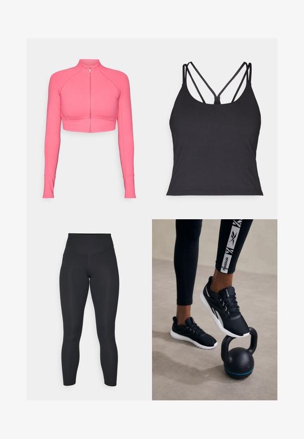 Veste rose à zip raccourcie avec manches longues, fabriquée en tissu lisse, présentant une coupe cintrée et des détails de surpiqûres contrastées.; Débardeur noir avec de fines bretelles et un design croisé dans le dos. Fabriqué en matériau doux et extensible avec une silhouette ajustée.; Leggings noirs à taille haute, texture douce et coupe ajustée. Présentent des coutures plates et une couverture intégrale sans motifs.; Des chaussures de sport noires avec un dessus texturé, une semelle blanche et des accents gris, positionnées sur un kettlebell noir avec une bande bleue, sur un fond neutre.