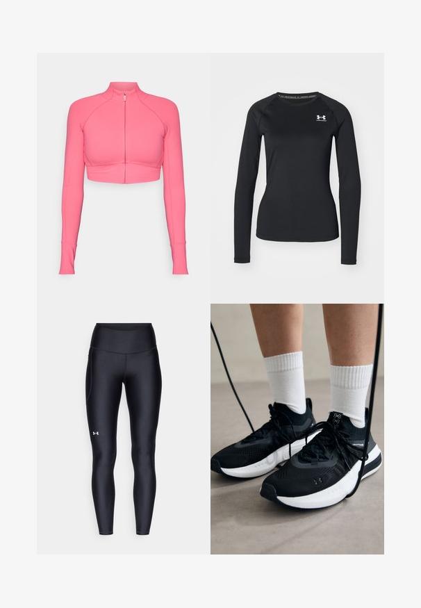 Giacca cropped rosa con zip e maniche lunghe, realizzata in tessuto morbido, caratterizzata da un design aderente e dettagli di cucitura a contrasto.; Maglietta sportiva nera a maniche lunghe realizzata in tessuto liscio, con scollatura tonda e un piccolo logo bianco sul lato sinistro del petto.; Leggings neri realizzati in materiale morbido e stretch con vita alta. Presentano un logo bianco sulla coscia sinistra e un design aderente.; Scarpe sportive nere con tessuto testurizzato, suola bianca e lacci neri. Indossate con calzini bianchi a costine, in piedi su una superficie chiara.