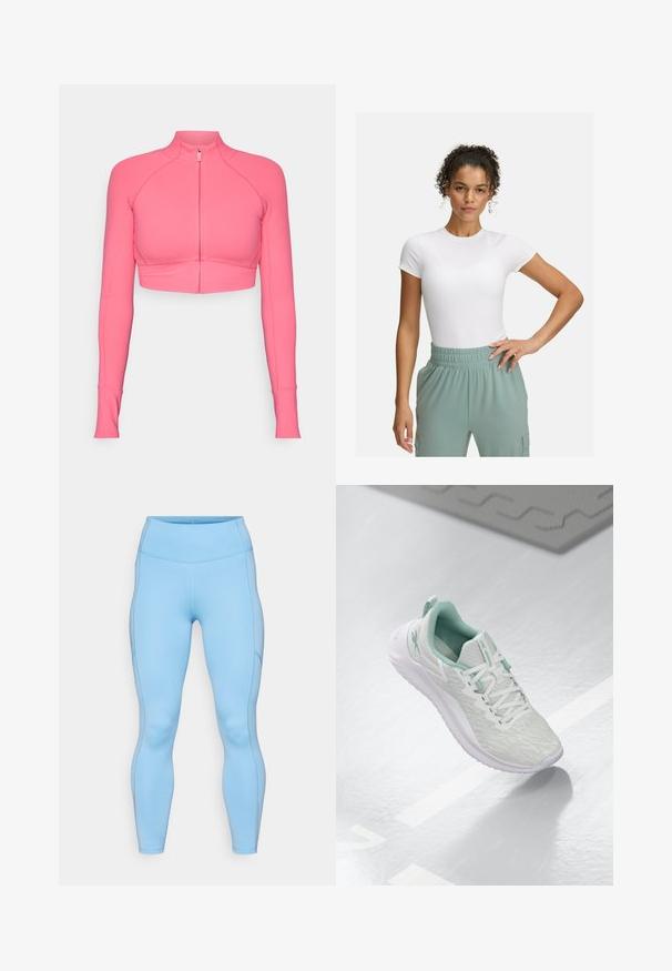Rozā crops veida zibens jaku ar garām piedurknēm, izgatavota no gludas auduma, ar pieguļošu dizainu un kontrastējošiem šuvju elementiem.; Balta pieguļoša T-kreklā ar īsām piedurknēm, kombinēta ar gaiši zaļām elastīgām biksēm. Gluda tekstūra, minimālisma dizains, bez redzamām rakstainām detaļām.; Gaiši zili legingi, kas izgatavoti no elastīga auduma. Rūpīgi veidota augstas vids josta, gluda tekstūra un noapaļoti šuvi gar kājām.; Gaišpelēka sporta apava ar teksturētu trikotāžas augšu, mentolzaļiem akcentiem, baltām šņorēm, gumijas zoli un cilpu uz papēža.